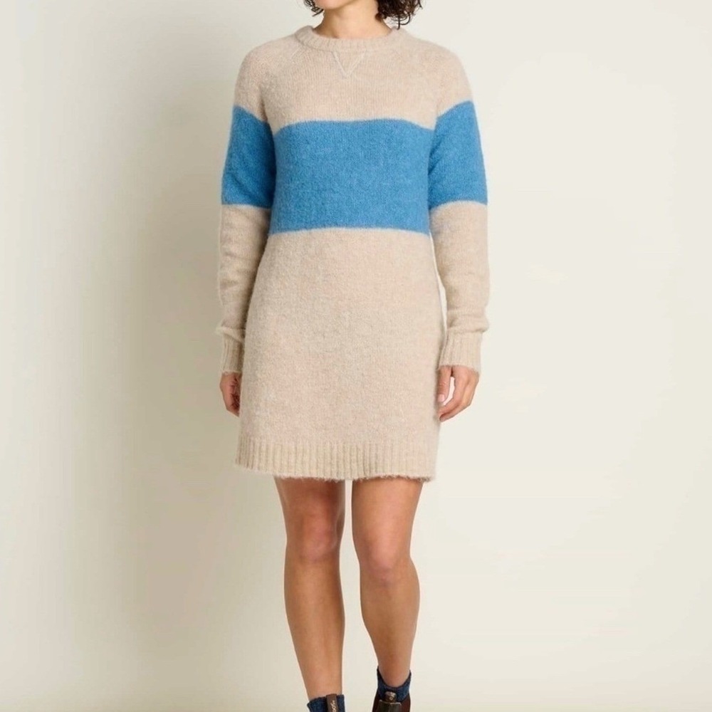 Toad&Co Crew Merino Wool Alpaca Blend Sweater Dress Womens Large Beige‎ Blue
